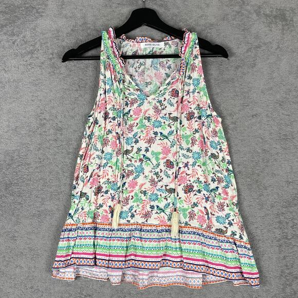 Rose + Olive Tank Top Womens Small Floral Bird Print Sleeveless Tassel Boho - Picture 1 of 10